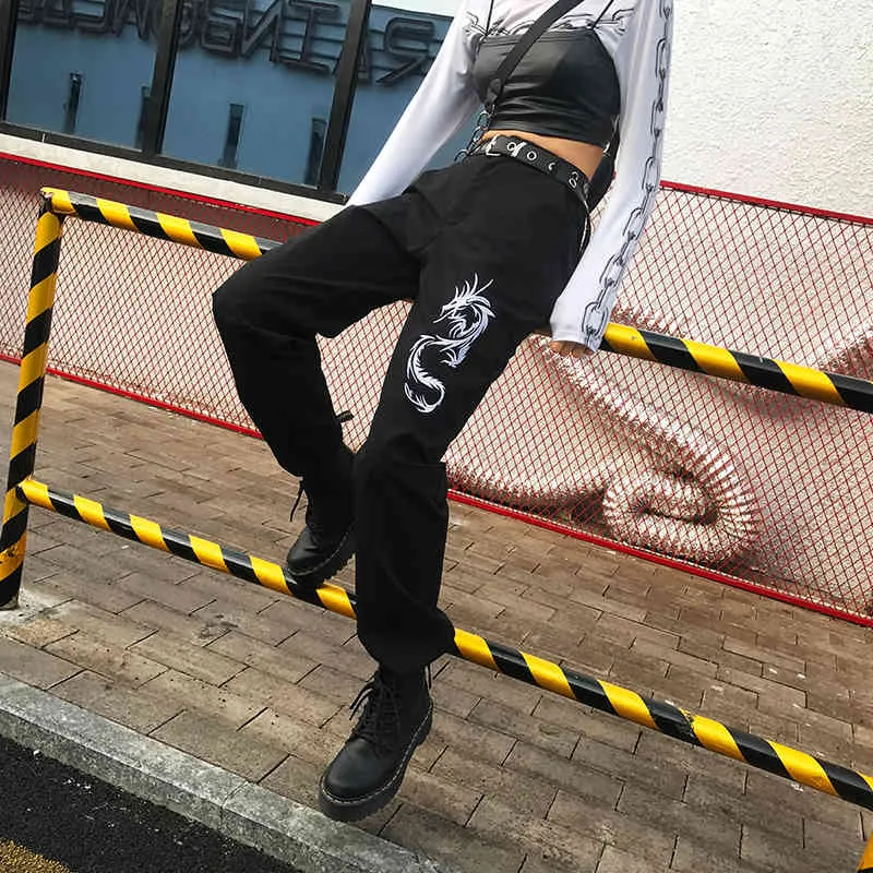 Pantaloni cargo con ricamo drago stile cinese Pantaloni donna streetwear elasticizzati a vita alta Pantaloni neri 210510