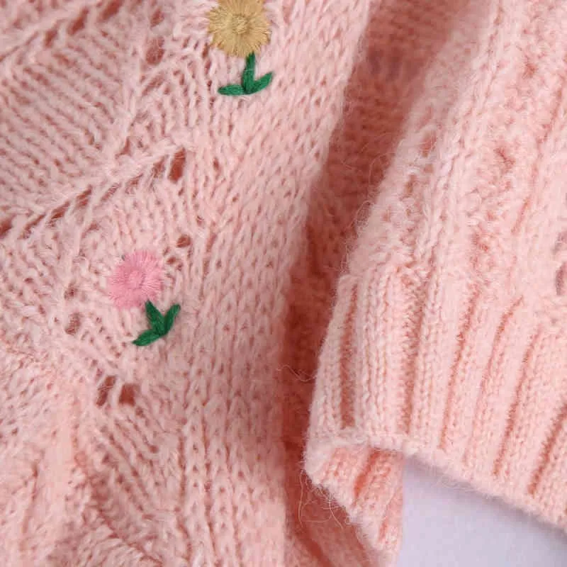 Casual Femme Doux Broderie Crochet Cardigan Printemps Mode Dames Doux Fleur Tricots Filles Chic Chandails Courts 210515