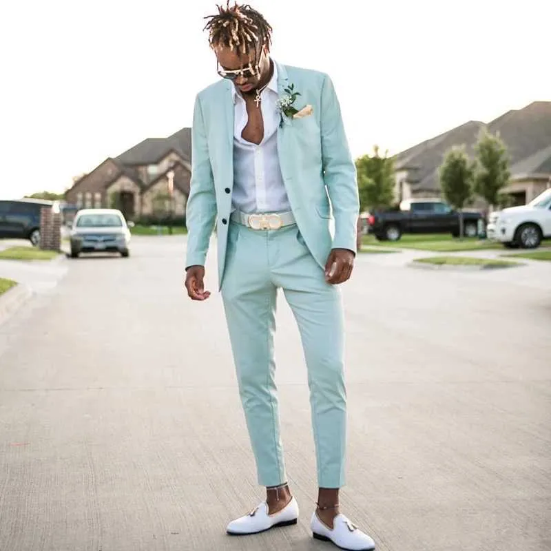 Costume Homme Mint Green Mens Abiti 2 pezzi Spiaggia Groomsmen Smoking smoking uomo Notch Bavero Formale Prom Tuta giacca + pantaloni x0909