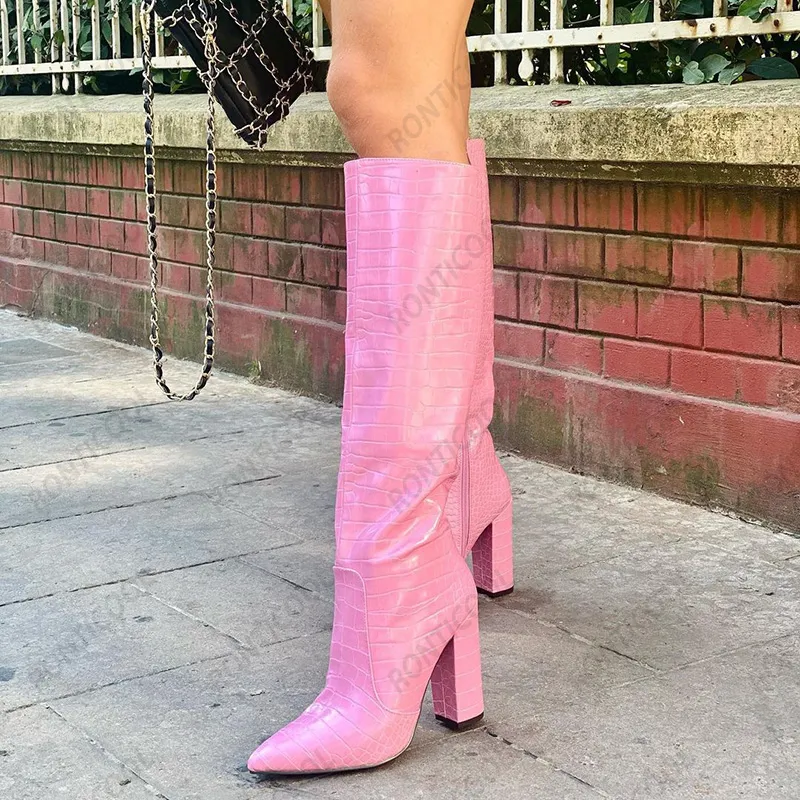 rontic 새로운 여성 겨울 무릎 부츠 사이드 지퍼 스톤 패턴 블록 발 뒤꿈치 뾰족한 발가락 핑크 화이트 파티 신발 플러스 미국 크기 5-15