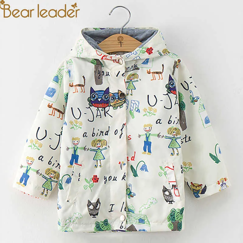 Bear Leader Girls Coats och Jackor Kids Spring Märke Barnkläder Birmlowers Skriv ut Hooded Ytterkläder 210708