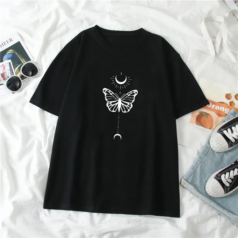 Lua e borboleta gráfico tee verão estilo gótico grunge grunge preto t-shirt mulheres harajuku hipster vintage feminino top 210518
