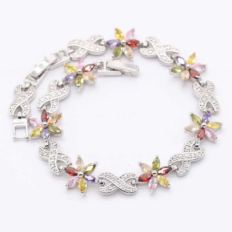 Zilveren Kleur Sieraden Sets Dames Multi Color Semi-Precious Necklace Hanger Armbanden Oorbellen Ringen Kerstcadeau H1022