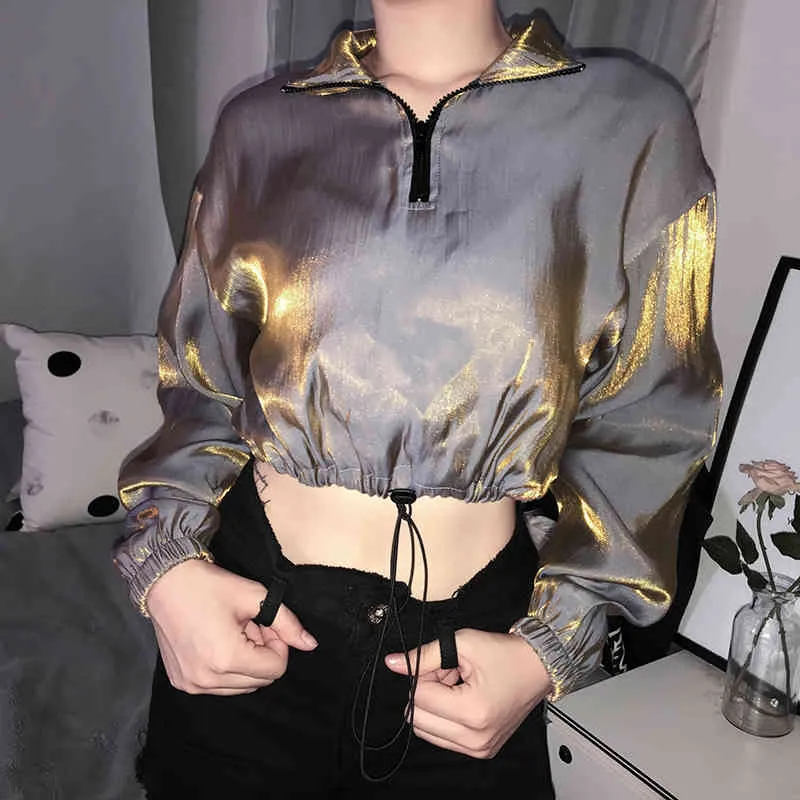 Fashion Turtleneck Zipper Drawstring Hem Harajuku Discolor Sweatshirt Women Autumn Long Sleeve Crop Top Pullovers 210510