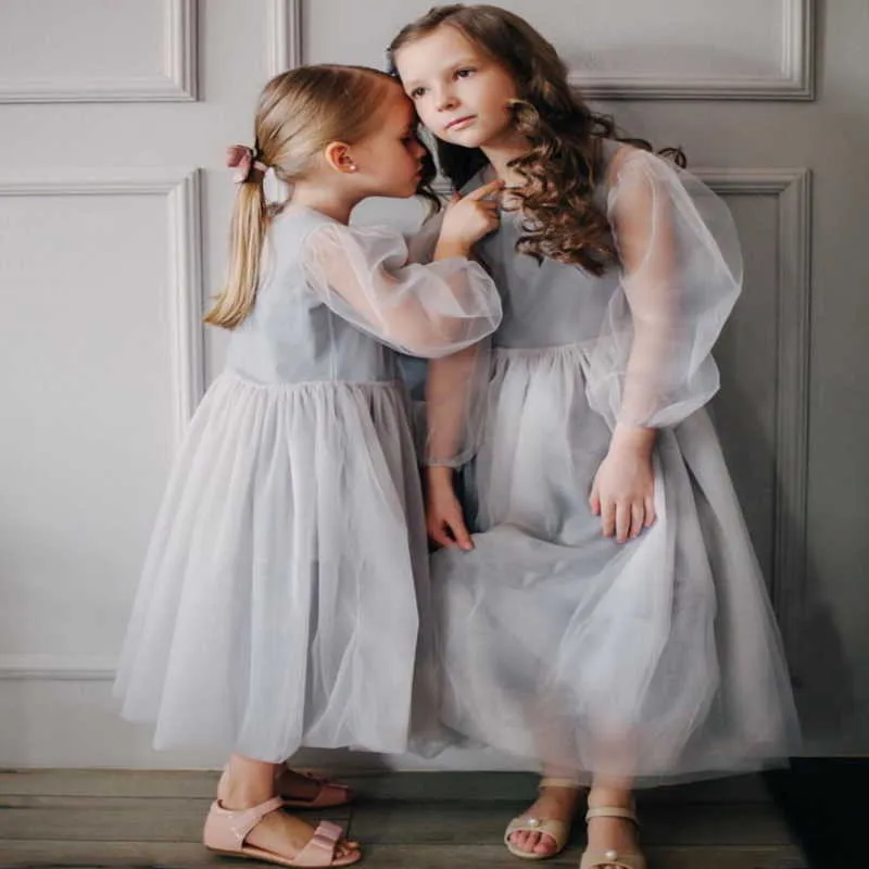 Sommarflicka Party Dress Light Gray Princess Bröllop Blomma Piano Prestanda Kläder E2545 210610
