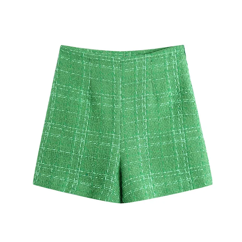 Casual Tweed Vert Shorts D'été Taille Haute Streetwear Zipper Femmes Mode Femme Bas 210430