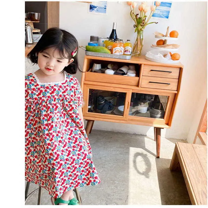 Summer Teenager Girls Dress Lace Collar Floral Princess Dresses Cute Style Fashion Clothes E1023 210610