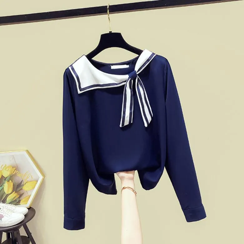 Kobieta Koszule Jesień Damska Paski Sailor Bow Collar Długie Rękawe Dziewczyn Uczniowie Topy Damskie Bluzki A3822 210428