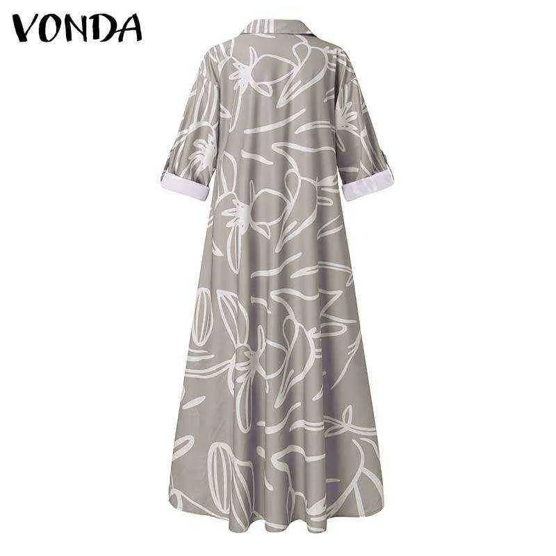 Spring Women Dress 2021 VONDA Casual Loose Long Sleeve Lapel Party Shirt Vestidos Holiday Vintage Printed Long Dress Femme Robe Y1204