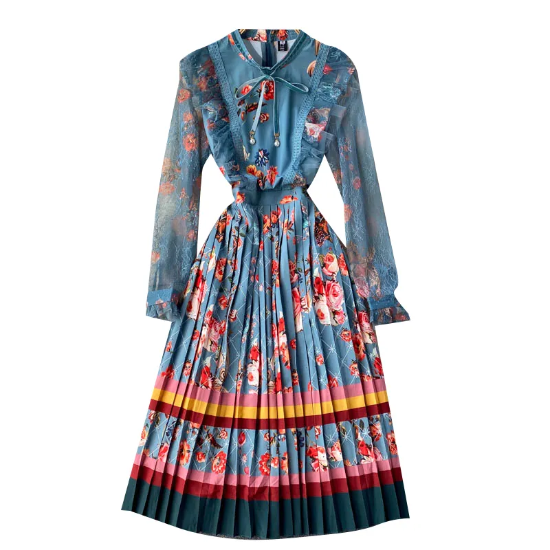 Singreiny Vrouwen Boho Bloemen Geplooid Jurk Design Kant Lange Mouw Ruches A-Lijn Jurk Herfst Retro Print Court Wind Midi Jurk 210419