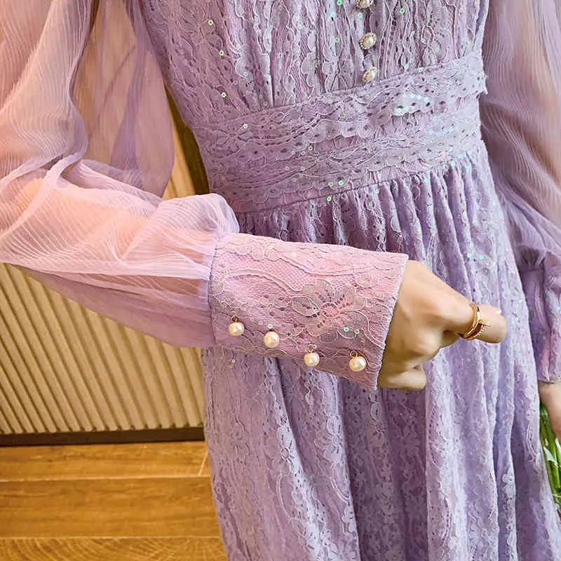 Dulce púrpura hada vintage vestido francés primavera elegante encaje cintura alta casual delgado vestido midi femenino 210518