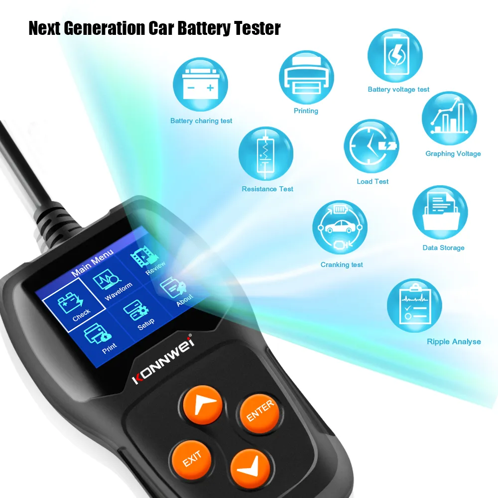 Konnewei KW600 Bilbatteri Tester 12V 100 till 2000CCA 12 Volt Batterioverktyg för den snabba vridningsdiagnosen