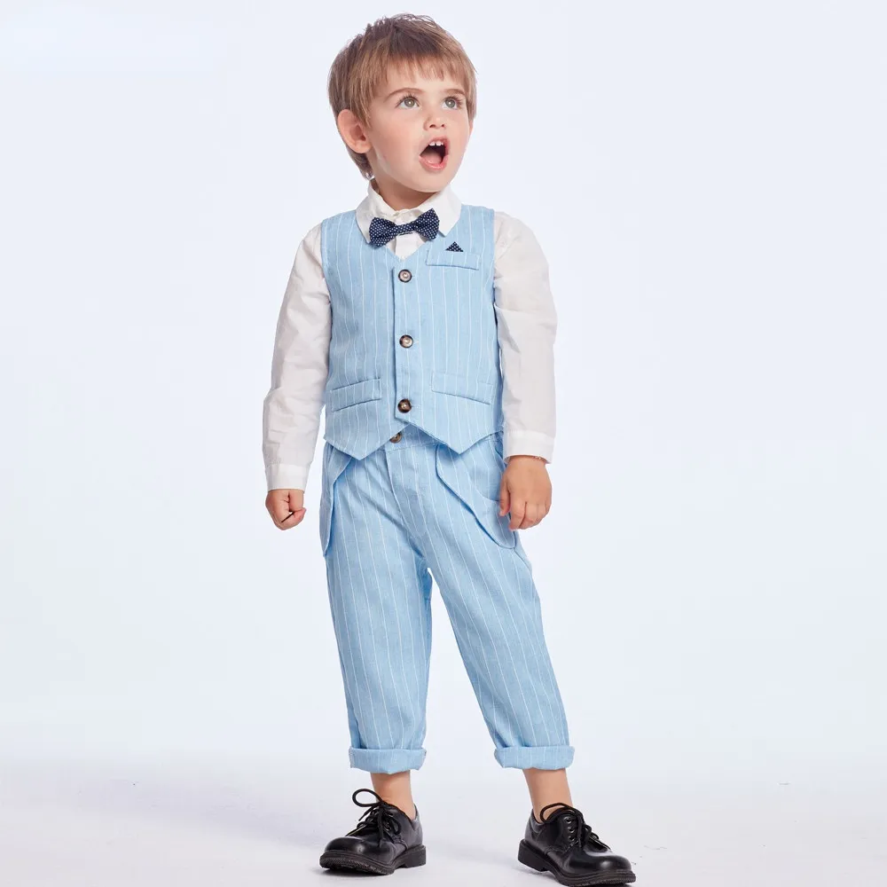 Spring Autumn Baby Boy Gentleman Suit White Shirt with Bow Tie+Striped Vest+Trousers Formal Kids Clothes Set