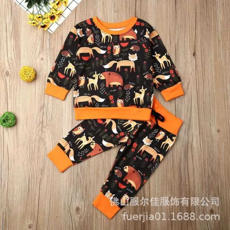 Autunno Pagliaccetti neonati Vestiti a maniche lunghe Stampa Cartoon Animal Pantaloni Costume bambini in stile Halloween 0-5T 210629