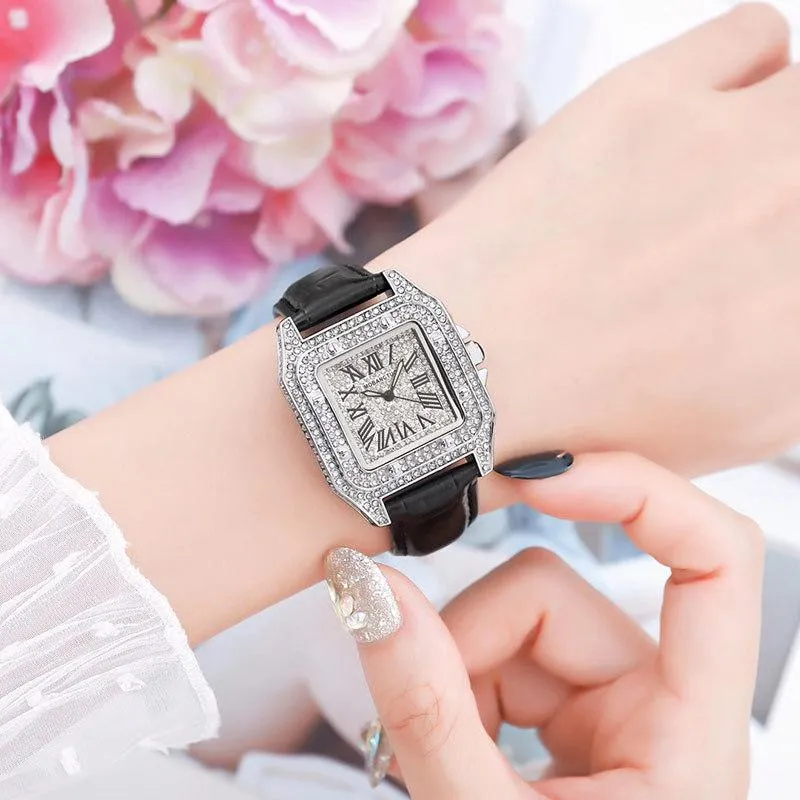 Top Uhr Frauen Quarz Wasserdicht Voll Diamant Damen Silber Quadrat Paar Uhren Mit Strass Armbanduhren247A