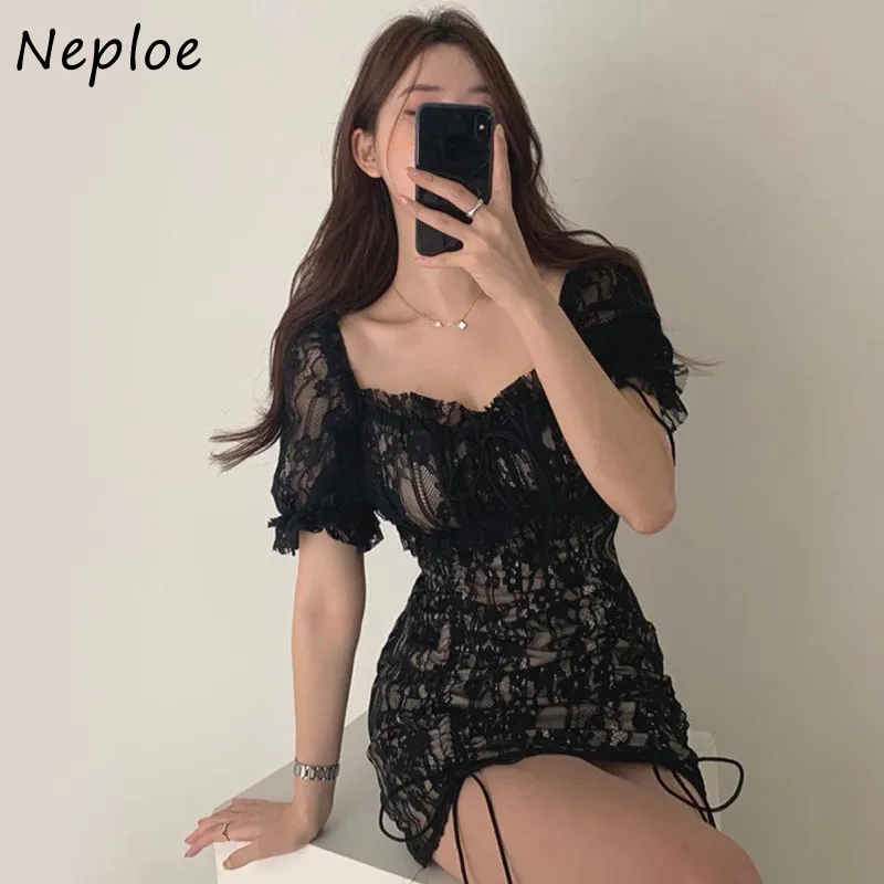 Elegant Lace Hook Flower Sexy Dress Women Drawstring Design Solid Vestidos High Waist Hip Skinny Robe Work Style Ol 210422