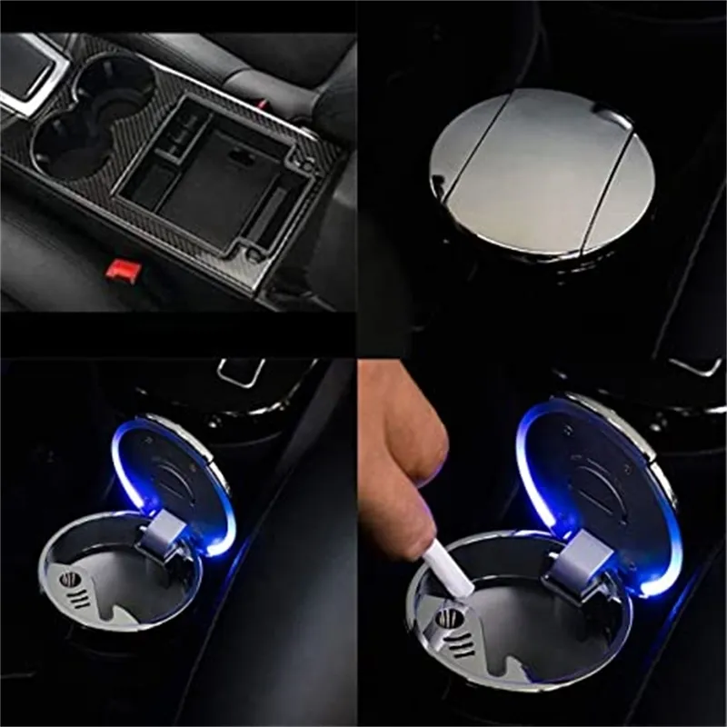 Posacenere portatile antivento con mini pattumiera auto staccabile in acciaio inossidabile a luce blu a LED uso domestico da viaggio all'aperto