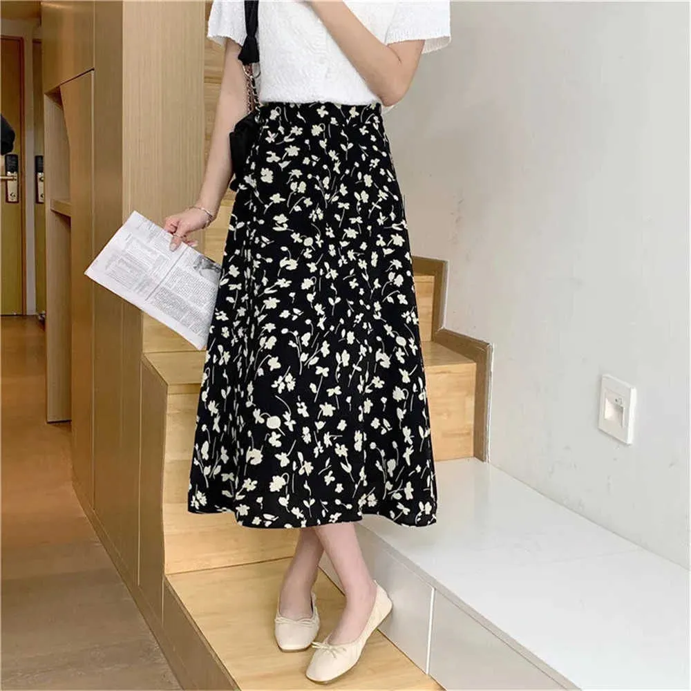 Zomerbloemprint rokken Harajuku High Taille Rooks voor vrouwen Spring herfst Midi Vintage rok Vrouwelijke Koreaanse stijl Lange rok 210619