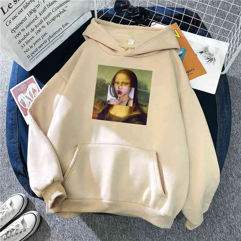 2021 Mjukt Märke Sportkläder Mona Lisa Rolig Lollipop Lips Utskrift Man Sweatshirt Thermal Vintage Män Hoodie Oversized Hoodies H1218