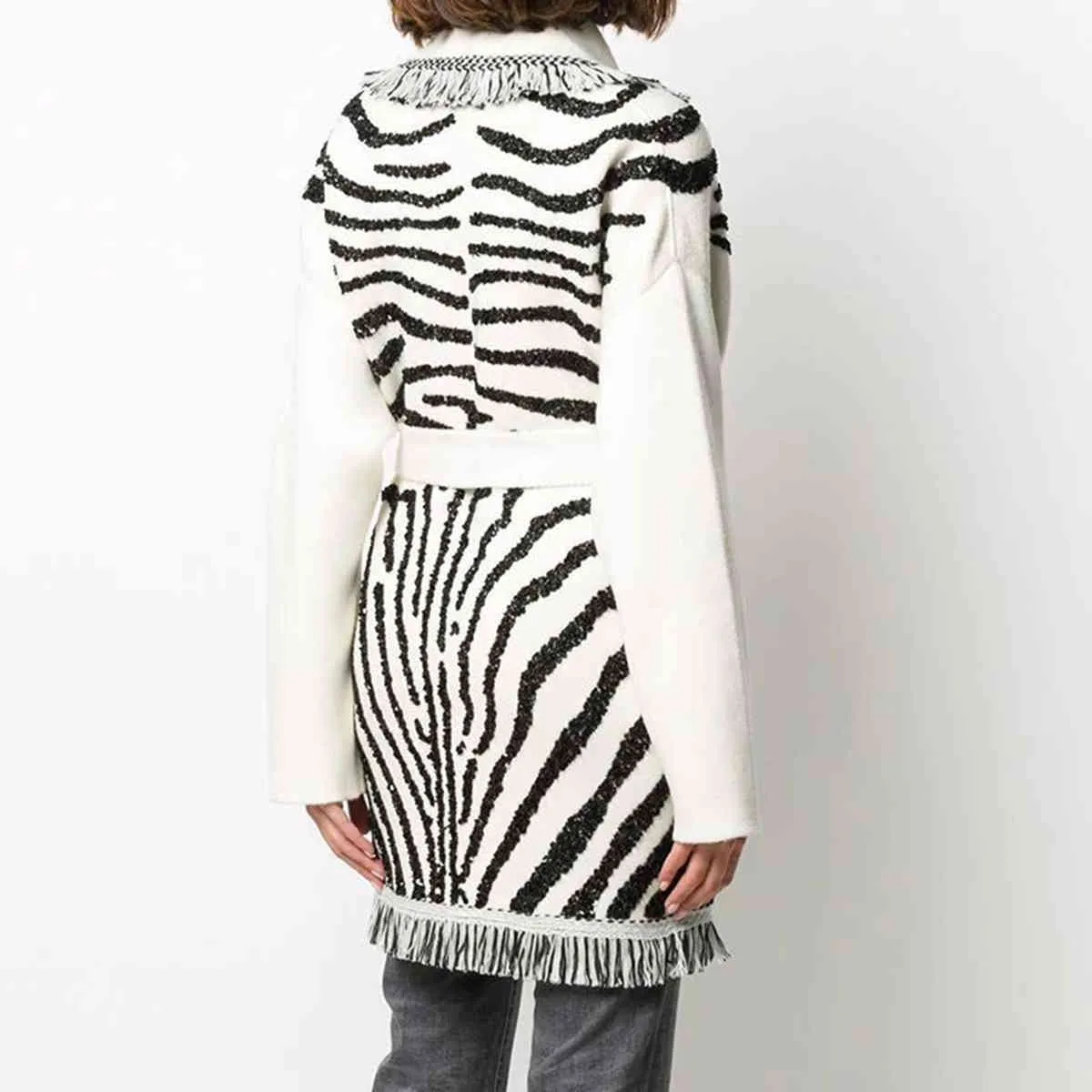 Jastie hiver magnifique zèbre brodé cardigan châle revers pull à manches longues tricoté cachemire laine veste d'extérieur 210419