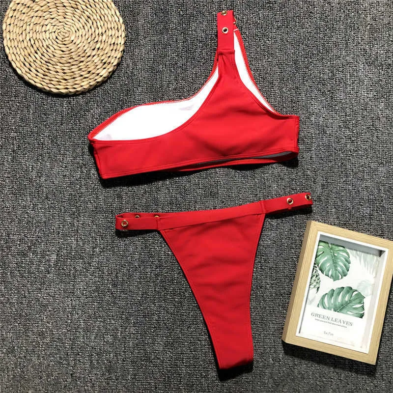 Sexy bikini rosso a vita alta costume da bagno donna push up costumi da bagno estate beachwear solido costume da bagno monospalla 210712