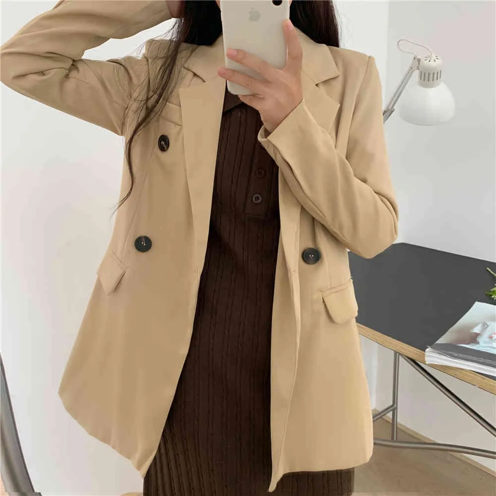 Blazer à double boutonnage ceinturé femmes coréenne mode bureau veste manteau printemps élégant style ol dames costume femme 210513