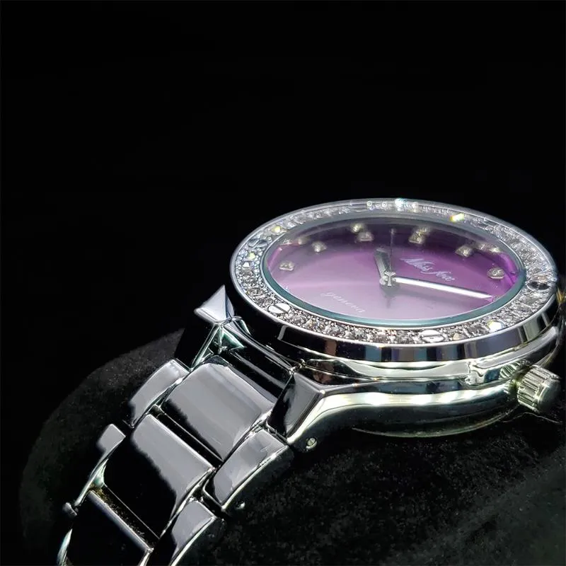Relógios de pulso Missfox Platinum Purple Dial Ladies Watch Travel Party Pograph Relógios Mulher Presente Aço Inoxidável À Prova D 'Água Mulheres Wr3286