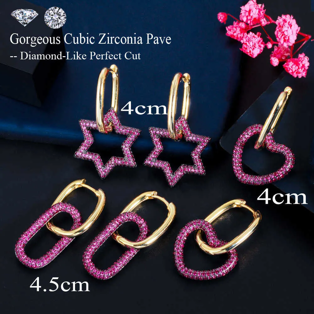 Designer Pink Red Cubic Zirconia Dangling Star Heart Shape 2 Tone Gold Color Women Big Huggie Hoop Earrings CZ864 210714