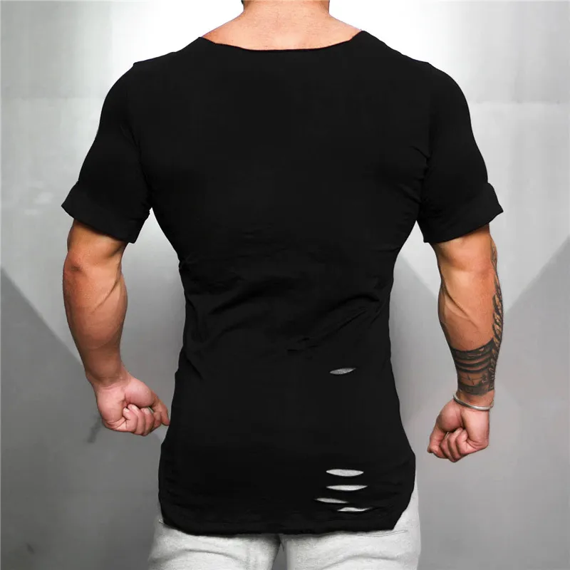 Abbigliamento di marca New Summer Fashion T Shirt Uomo Strappato Hole Fitness T-shirt Palestre Manica corta Solid Slim Fit Tshirt 210421