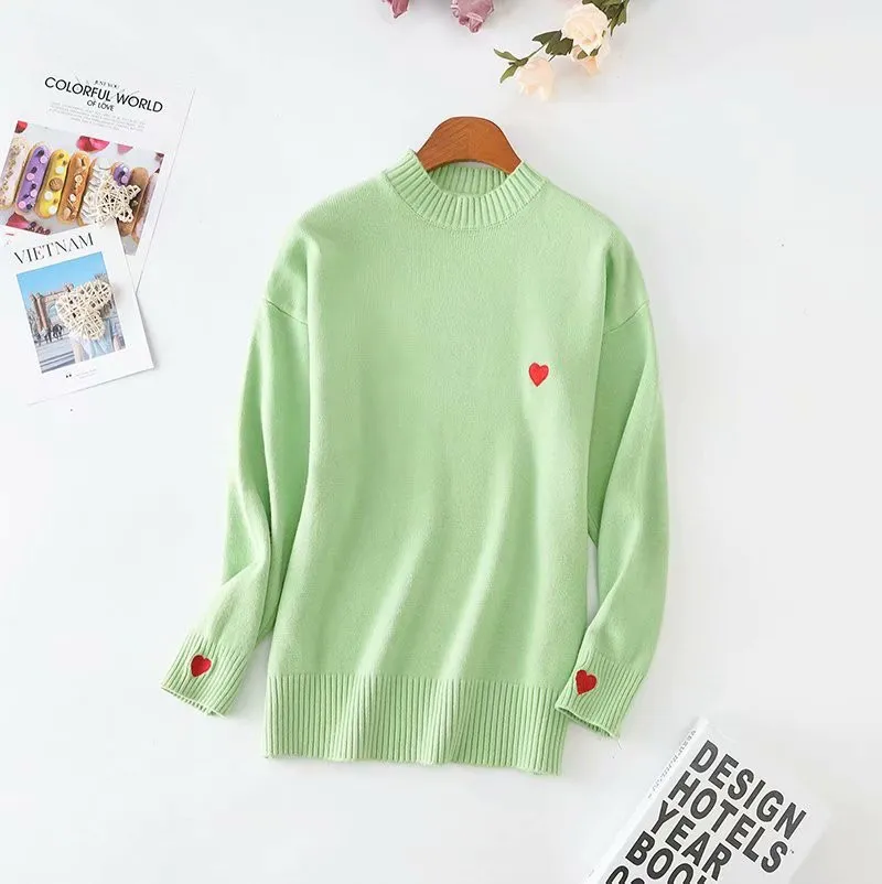 HSA Autumn O-Neck Heart Embroidery Women Top Lady Elegant Solid Long Sleeve Pullovers Knitwear Woman Jumper Sweater 210417
