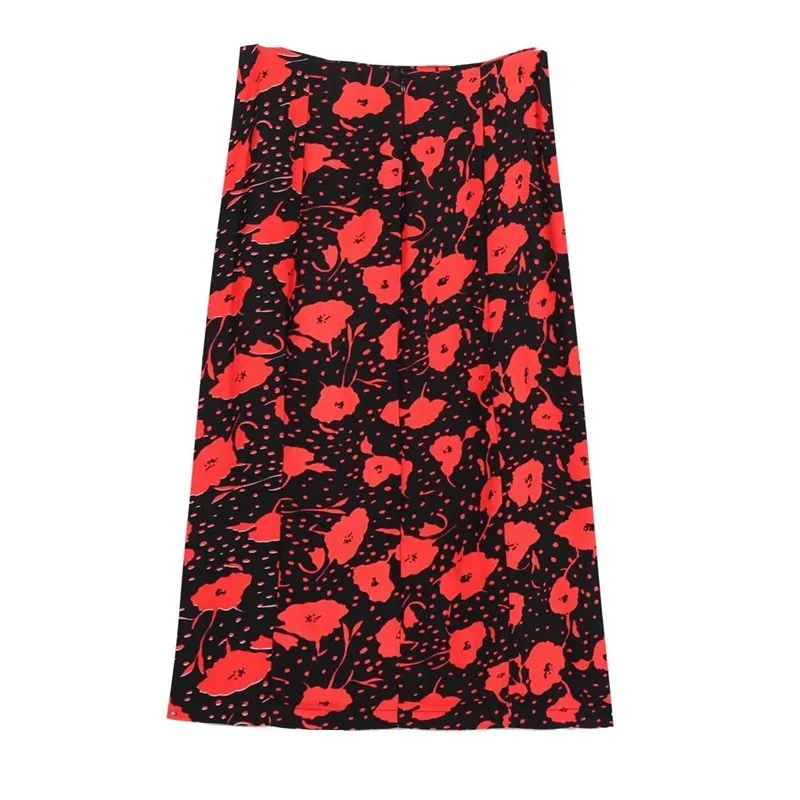 Retro France Style Hem Split Mujer Midi Falda CHIC Cintura alta Cremallera trasera Estampado floral rojo Faldas negras 210429