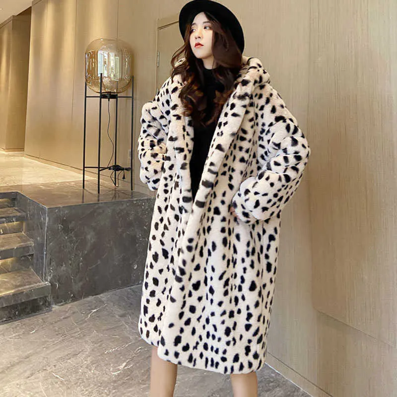 Koreański Imitacja futra Leopard Drukuj Futro Futro One Płaszcz Kobiety Kurtka Zimowa Kobiety Moda Z Kapturem Ciepła Parkas Jacket 211019