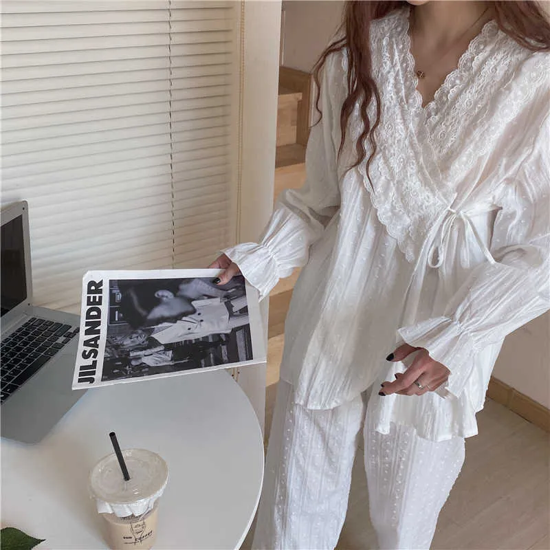 White Princess Sweet Chic Girls Stylish Sleepwear Sale Set di pigiami in cotone abbigliamento da casa di alta qualità 210525