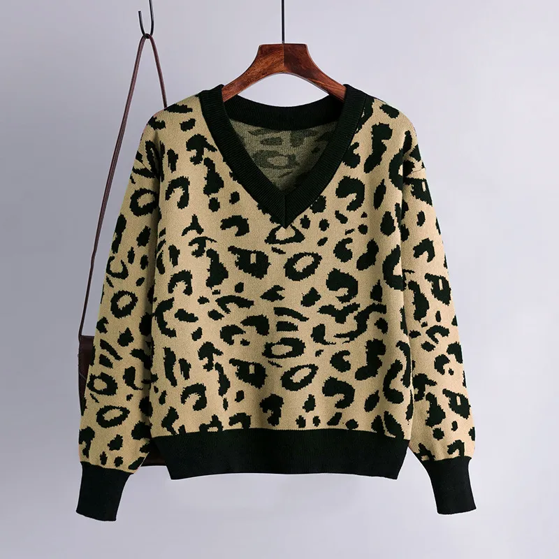 Maglione lavorato a maglia leopardato retrò Donna Allentato Moda scollo a V Pullover manica lunga Autunno Inverno Caldo maglione casual elastico 210419
