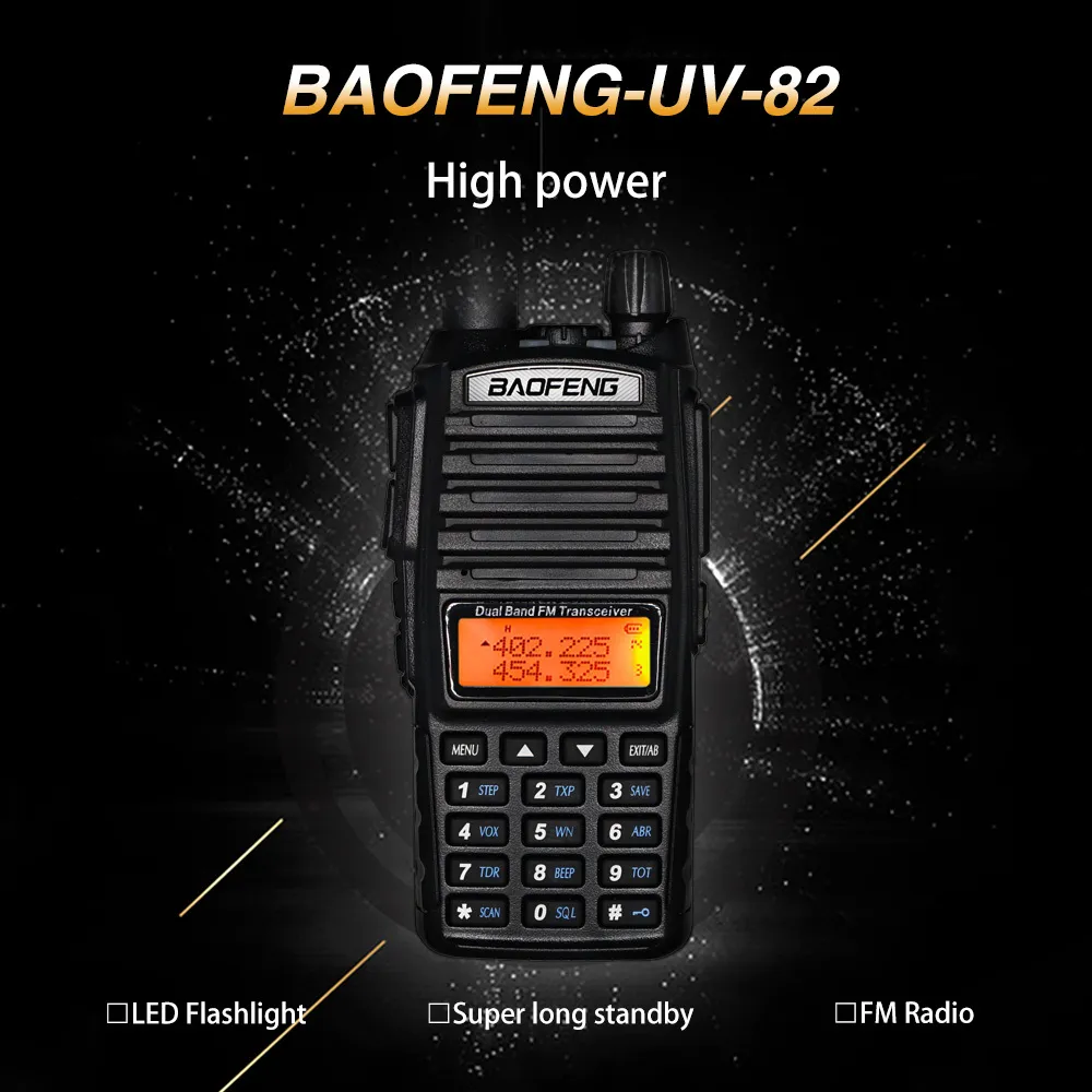 Высокая мощность 8 Вт Baofeng UV-82 Walkie Talkie UV82 Dual Band VHF / UHF FM трансиверов 10 км Длинный ассортимент Охота на двоих ветчины CB Radio
