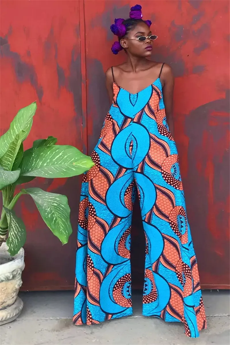 ISAROSE Sleeveless Jumpsuits for Women Summer V Neck African Batik Rich Printed Full Length Wide Pant One-piece Jumpsuit 210422