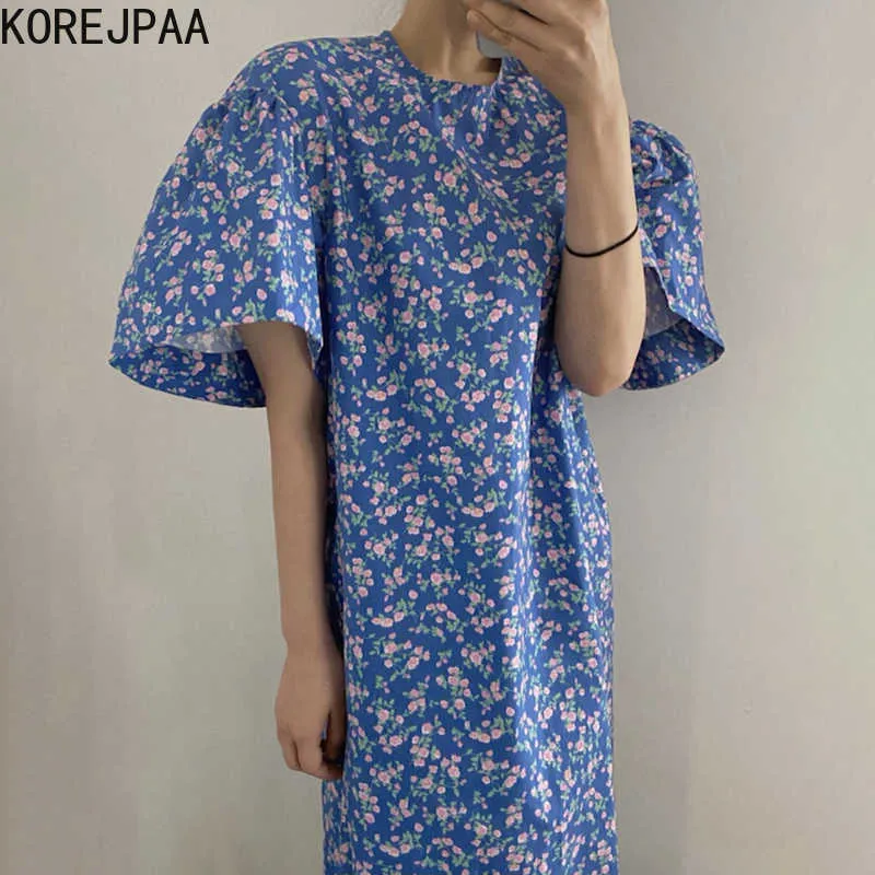 Korejpaa Femmes Robe D'été Mode Coréenne Chic Exotique Rétro O Cou Lâche Droite Casual Floral Grandes Manches Longues Robe 210526