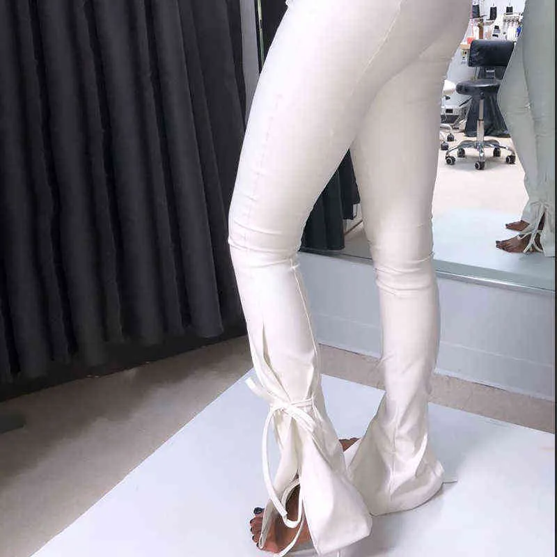 Cryptographique Blanc PU Faux Cuir Taille Haute Flare Leggings Femmes Pantalon Pantalon Serré De Noël Sexy Bandage Fitness Bas 211204