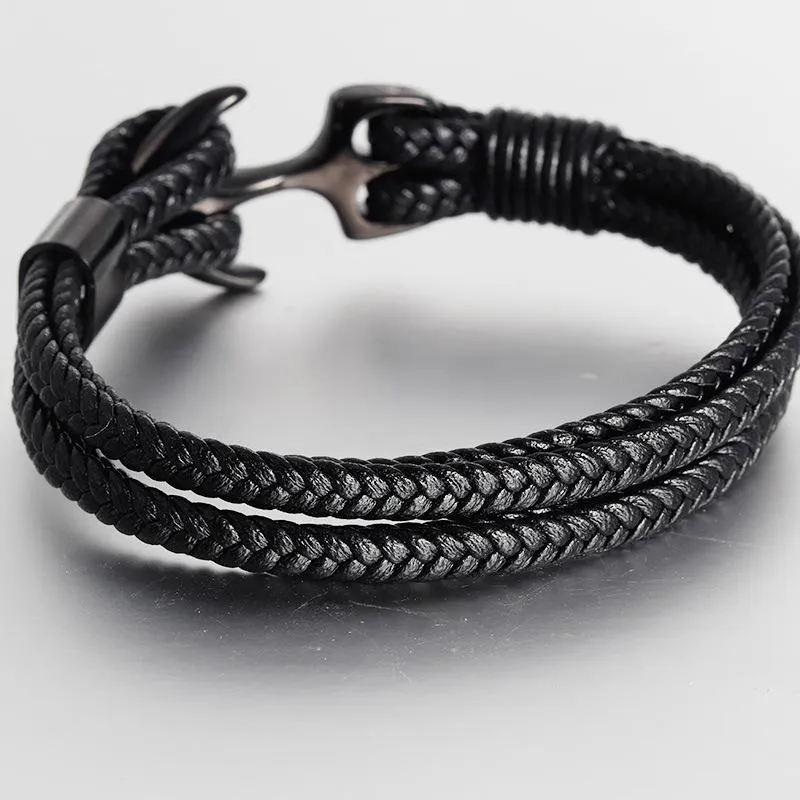 Pulsera de acero de titanio de alta calidad para hombre, cuerda de ancla tejida de cuero con personalidad negra, pulseras de regalo 283A