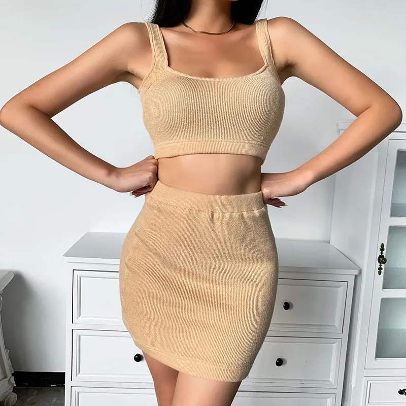 Ezgaga Two Piece Set Women Square Neck Crop Top and Ribbed Skirt Knitted Sleeveless Ladies Sexy Bodycon Solid Tracksuits 210430