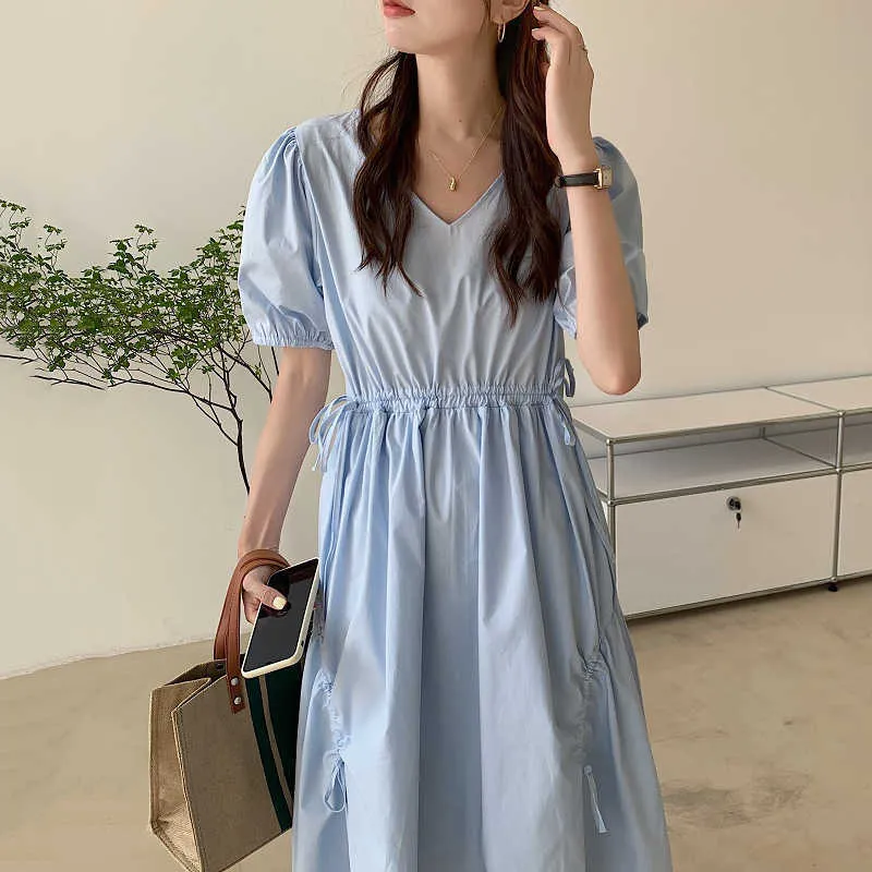 Korejpaa Women Dress Summer Korean Chic Gentle Milky Blue V-Neck High-Waist Ruffled Drawstring Design Puff Sleeve Vestidos 210526