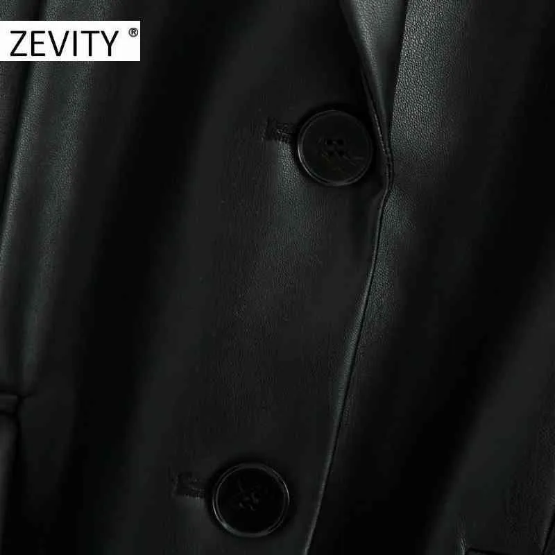 Zevity WomenヴィンテージソリッドカラーPUレザーブレザーコートオフィスレディースポケット因果緩いスタイリッシュな服装スーツコートTOPS CT579 210419