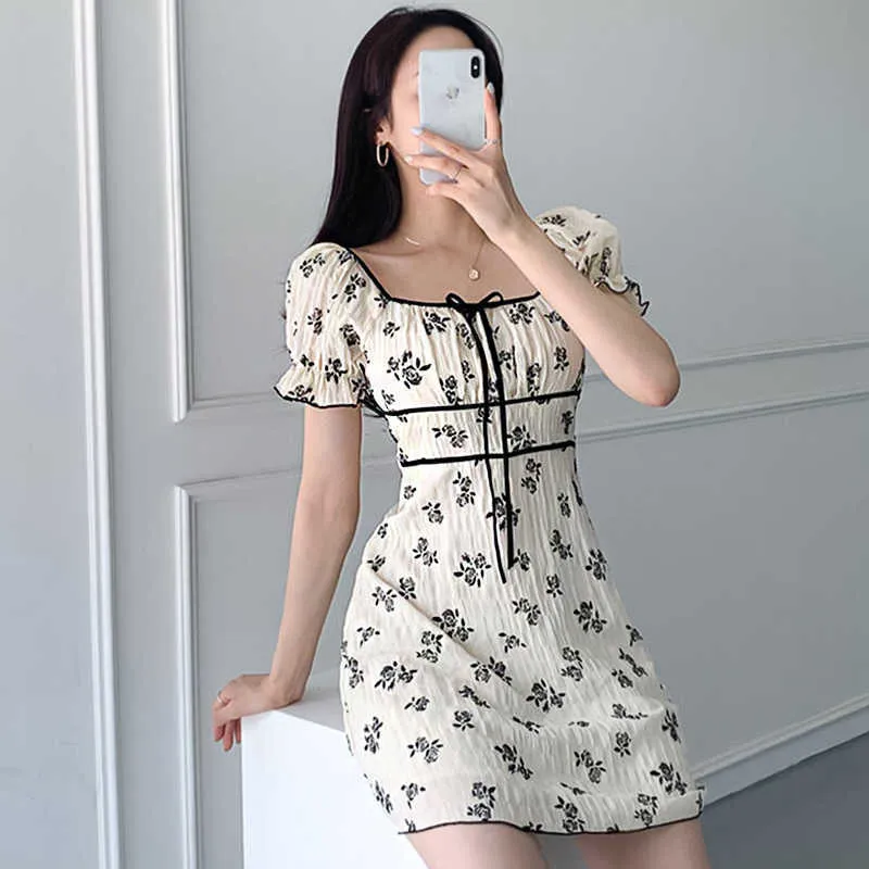 Korejpaa Women Mini Dress Korea Chic Style In Summer Elegant Square Neck Bow Tie Flared Sleeve Floral Dress Short Vestido 210526