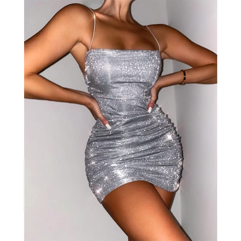 CNYISHE Shining Bodycon Sling Dress Femme Sexy Backless Party Night Club Dress Bretelles Spaghetti Glitter Mini Robes Vestidos 210419