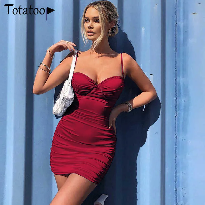 Totatoop Lace Up V-ausschnitt Geraffte Bodycon Mini Kleid Frauen 2020 Sommer Aushöhlen Rüschen Sommerkleid Beachwear Vestidos Y0603