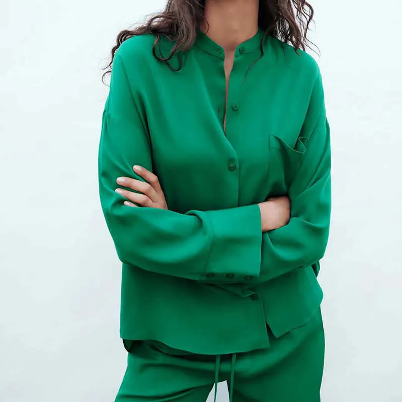 Wxwt Za Kobiety Zielone Zestawy Casual Kieszenia Dekoruj Oversized Shirt Pants Suit 2 sztuki Solidne Top i Garnitury OZZ1042 210930