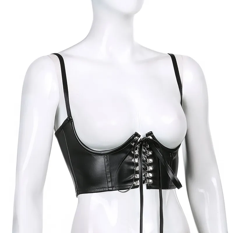 Streetwear Gothique Noir PU Faux Cuir Crop Top Femmes Avec Sangle Mince Nouvelle Croix D'été À Lacets Punk Tank Corset Tenues 210415