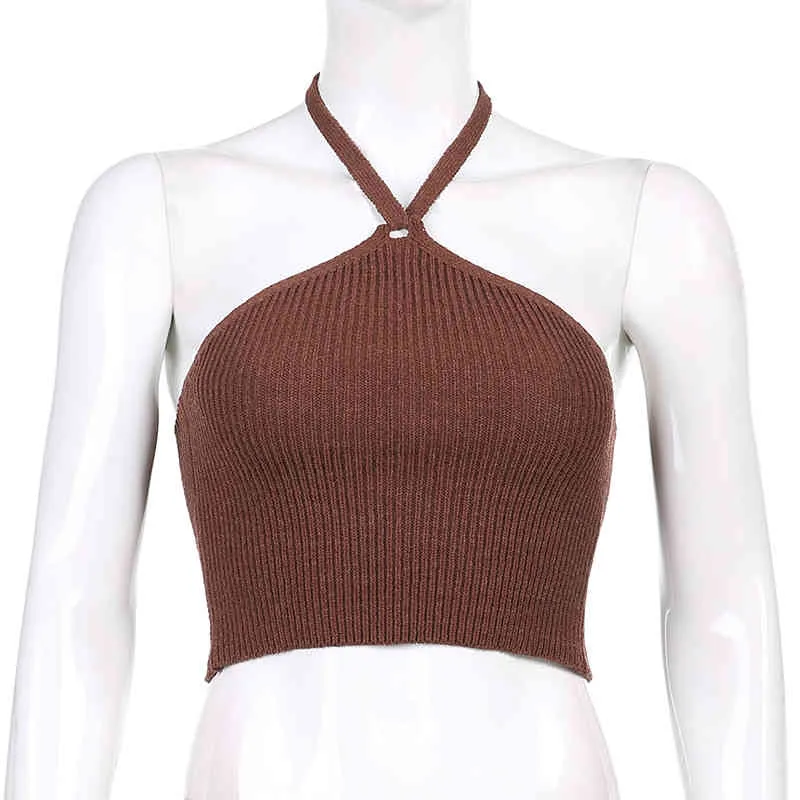 Brown Knit Halter Crop Tops Para Meninas Mulher Sexy Backless Roupas de Verão Mulheres Bandagem Tanque Câmeras Básico Espartilho Espartilho Feminino 210510
