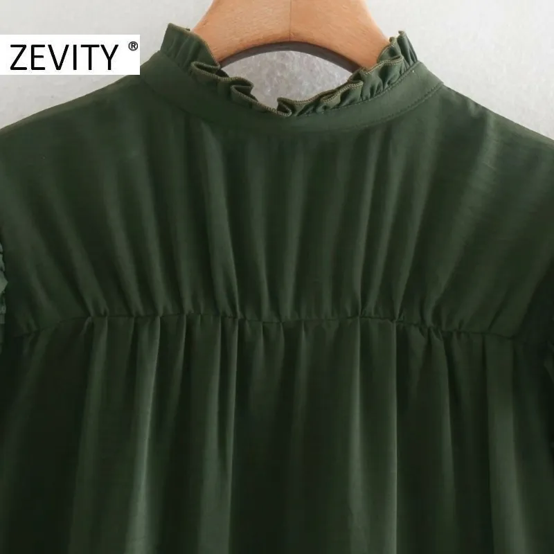 Zevity Nouvelles Femmes Agaric Dentelle Solide Couleur Plis Chemise Robe Bureau Dames Lanterne Manches Poitrine Casual Affaires Robe DS4601 210419