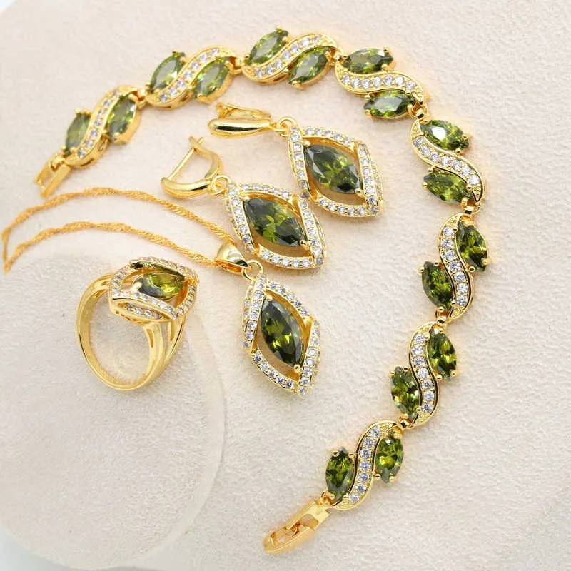 Geometrische Goud Kleur Sieraden Set voor Vrouwen Olive Green White Zirkoon Armband Oorbellen Ketting Hanger Ring Bruiloft Gift 4 Stks H1022